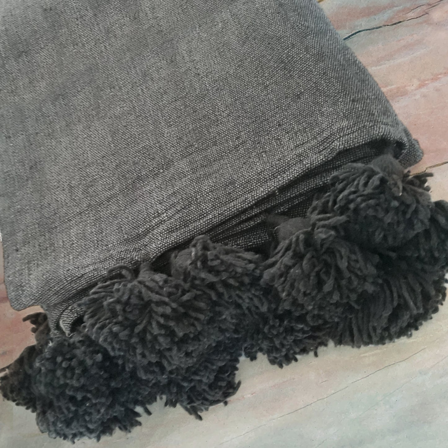 Dark Grey Pompom Blanket