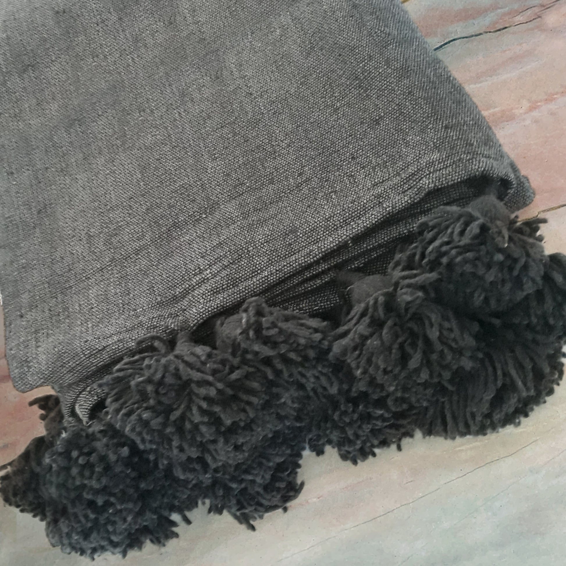 Dark Grey Pompom Blanket